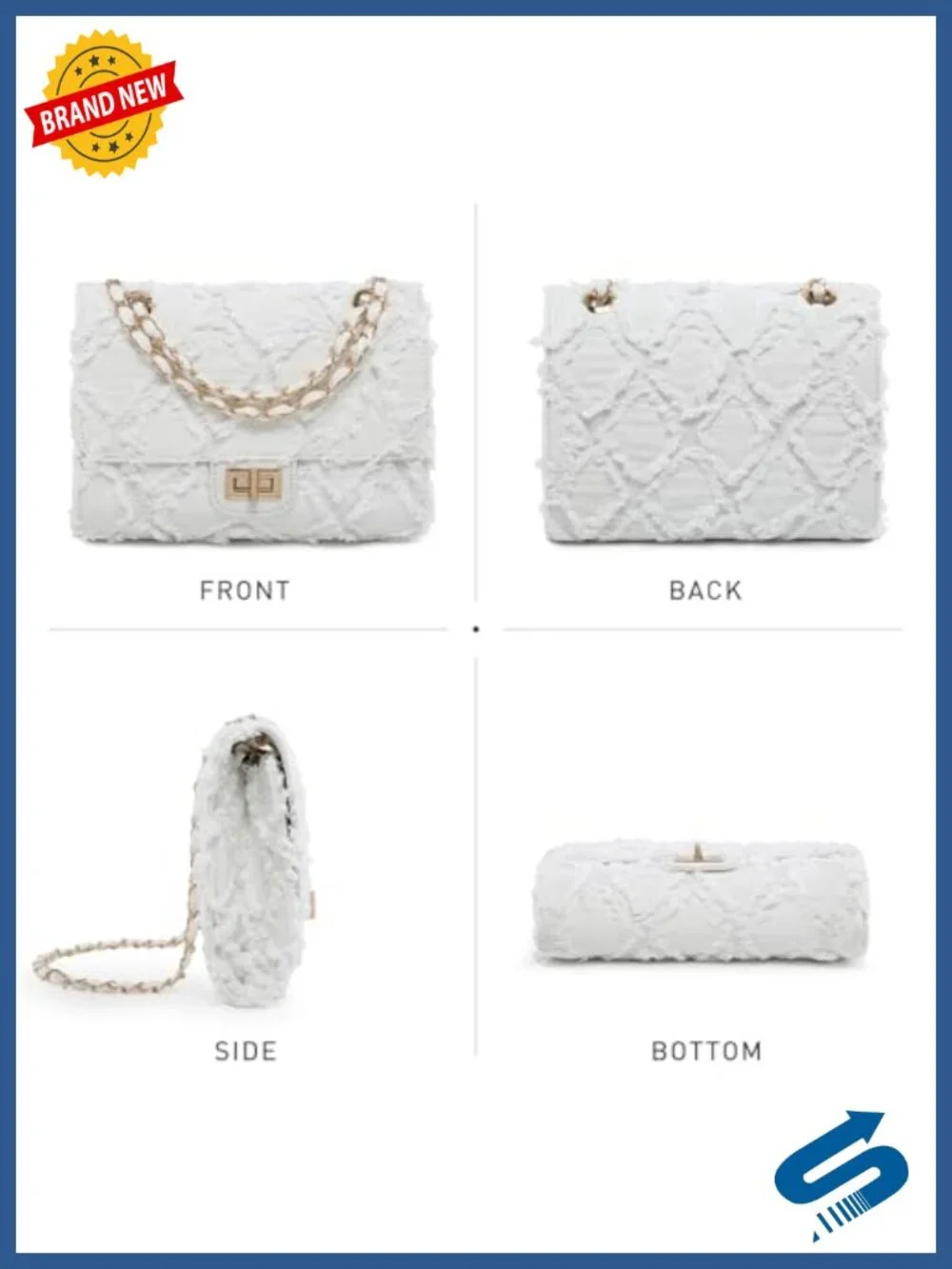 Women's Distressed Denim Quilted Satchel Handbag with Chain Strap
